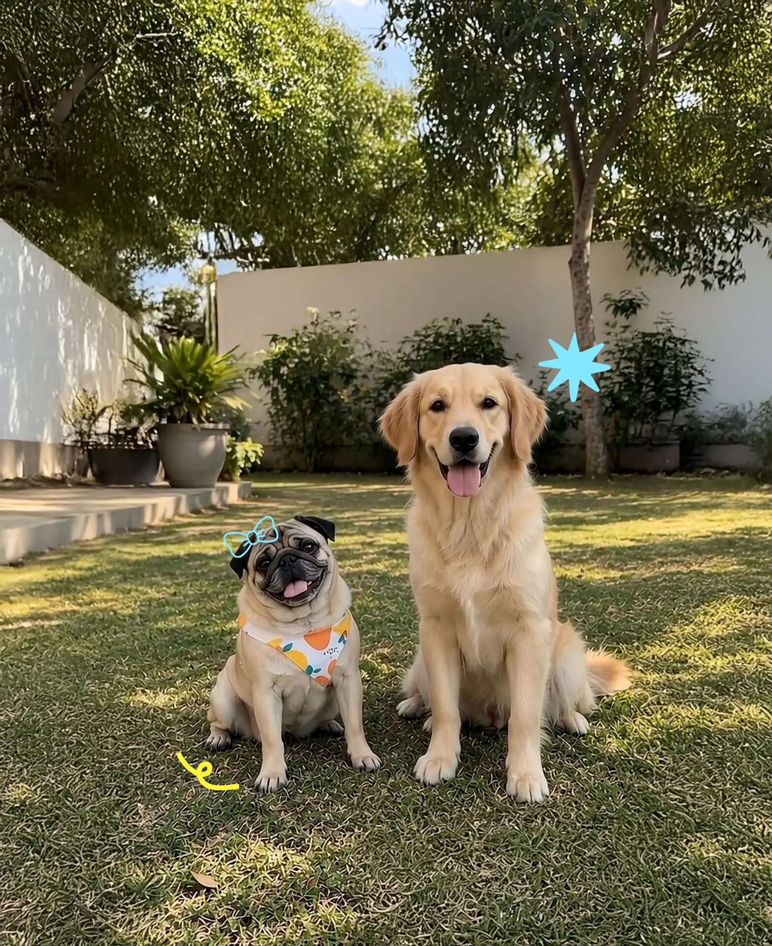 A pug and a golden retriever sitting on the lawn at Pawkie Planet